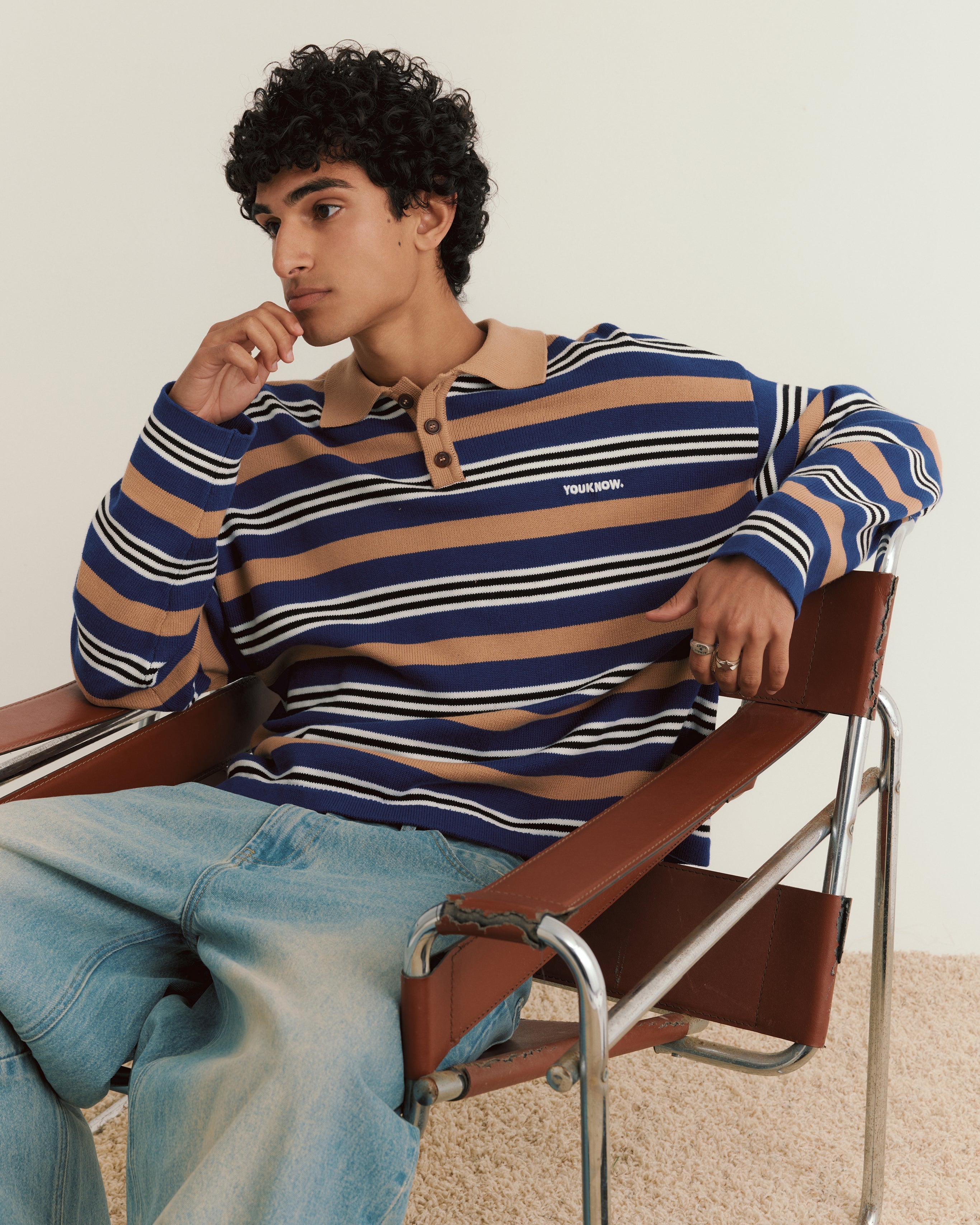 Knit Polo Sweater | Beige Stripe