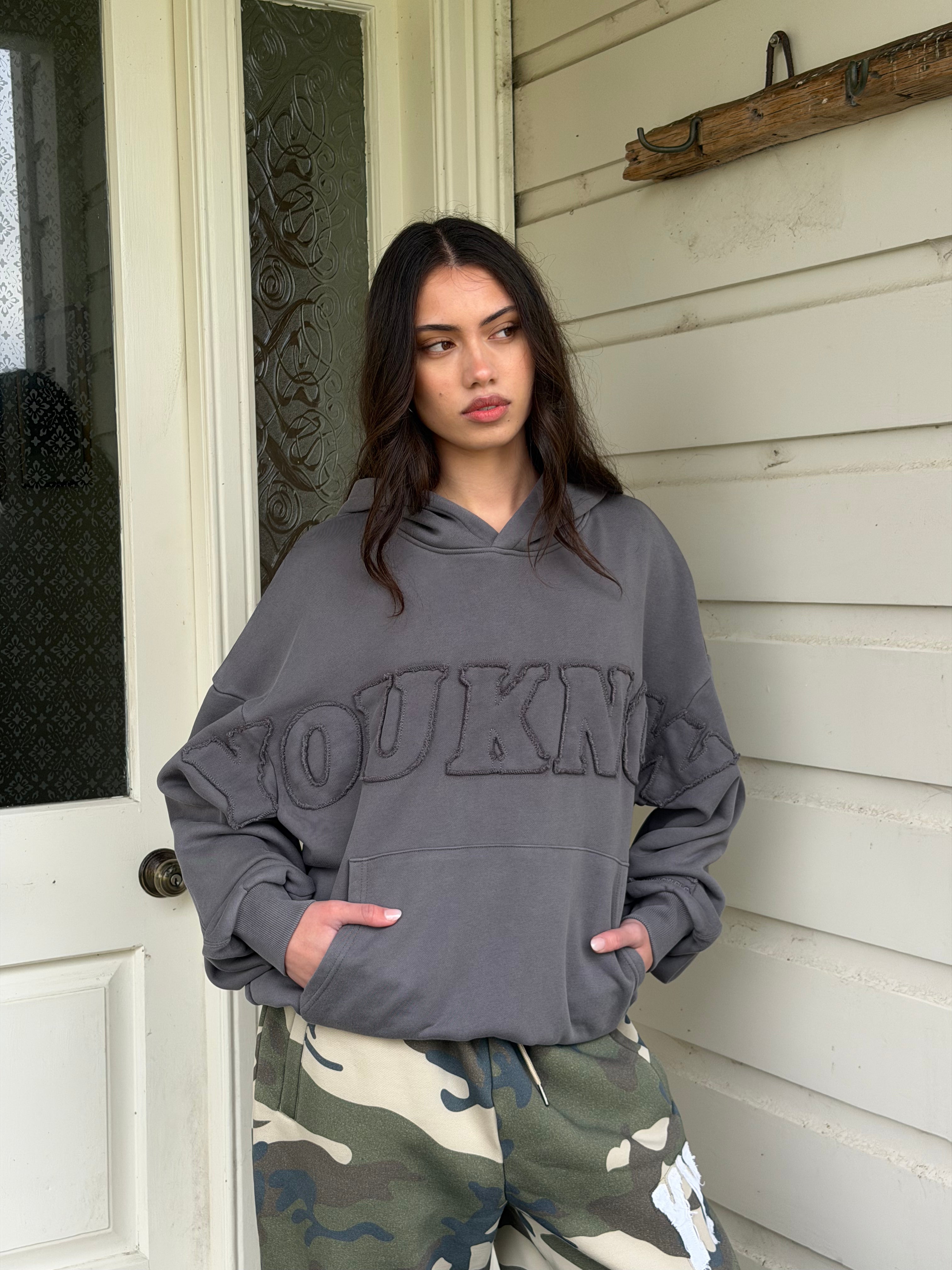 Distressed Applique Hoodie 2.0 | Washed Charcoal-2