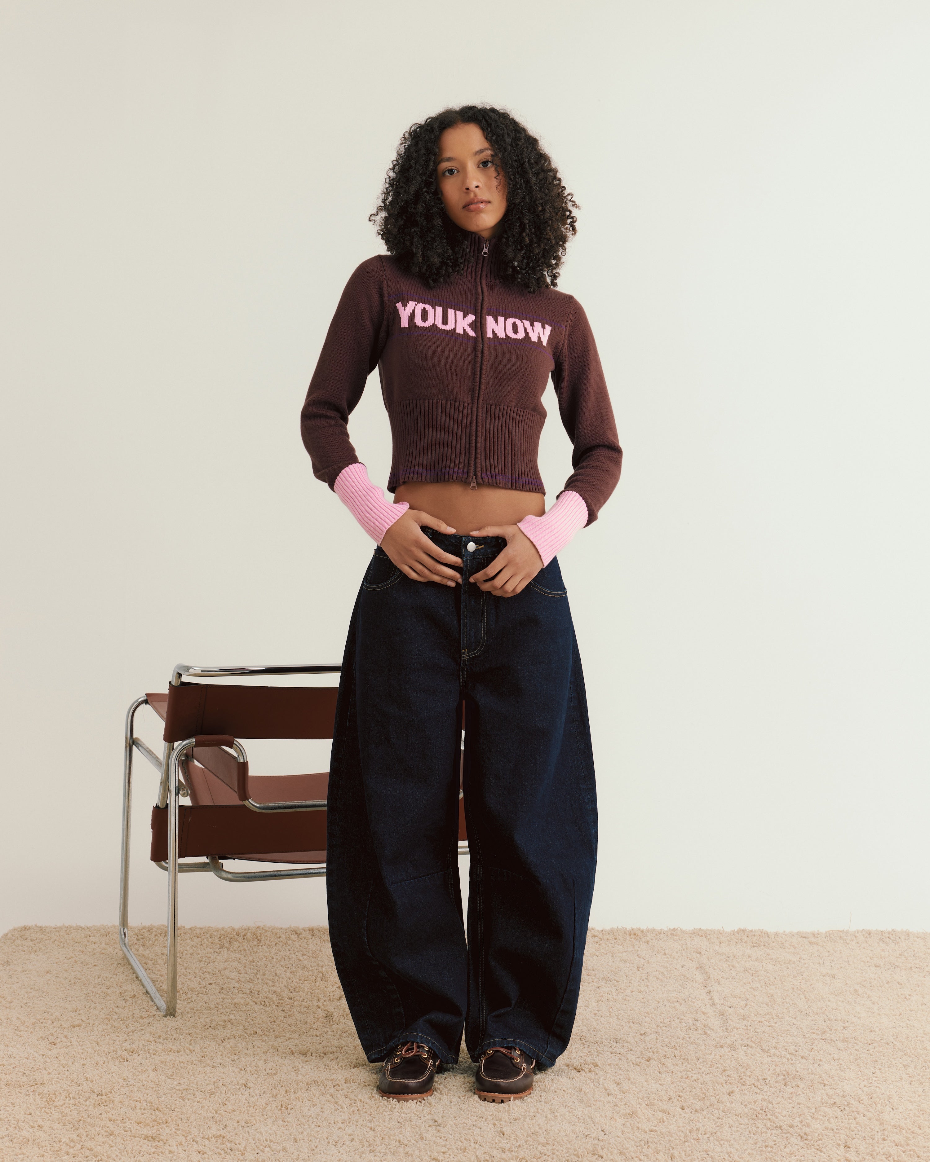 Women's Fitted Knit Zip Up | Brown