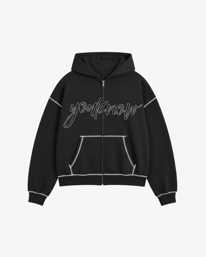 Contrast Stitch Zip Up Hoodie | Black
