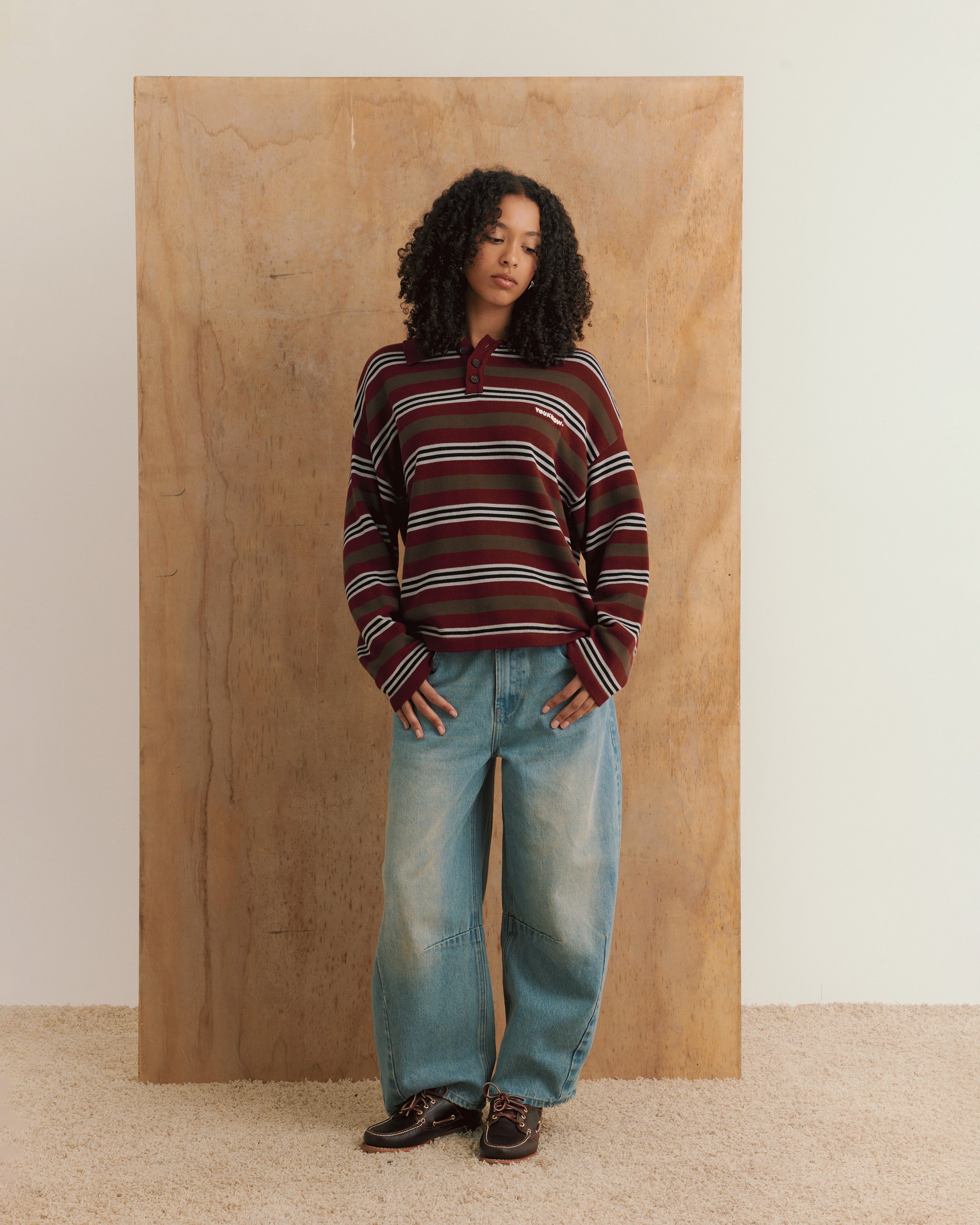 Knit Polo Sweater | Maroon Stripe