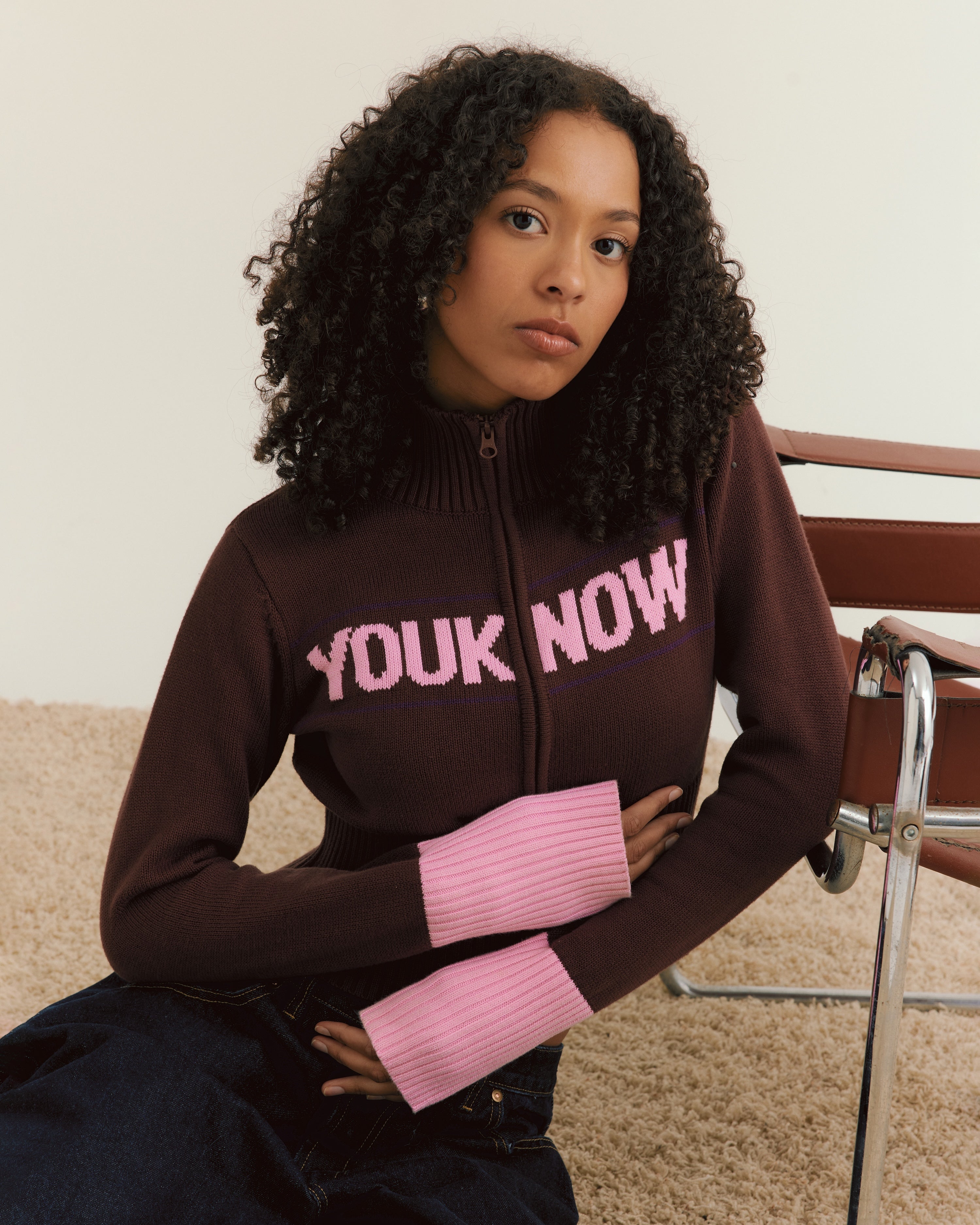 Women's Fitted Knit Zip Up | Brown