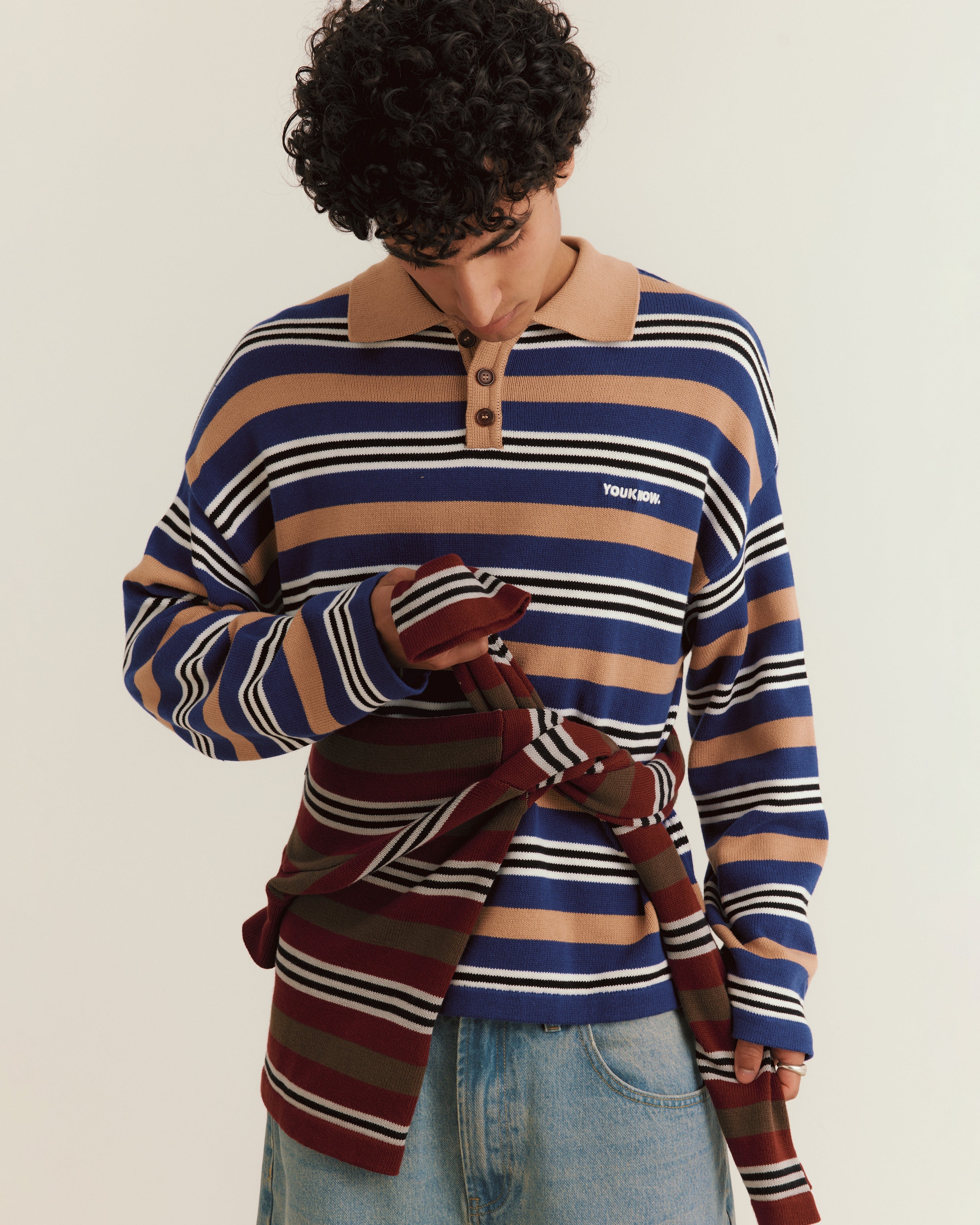 Knit Polo Sweater | Beige Stripe