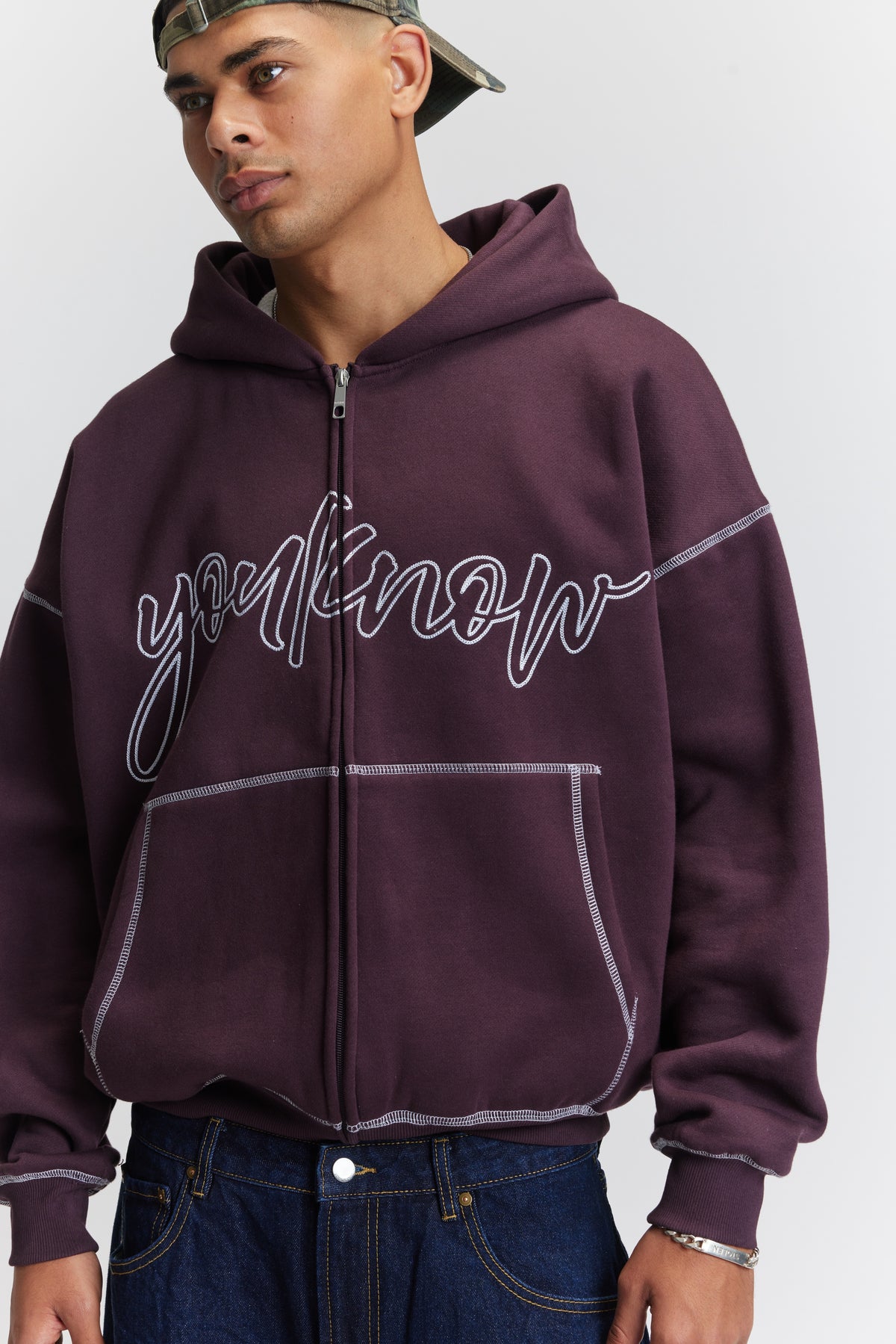Contrast Stitch Zip Up Hoodie | Plum