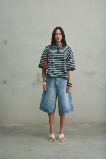Boxy Polo | Navy Stripe