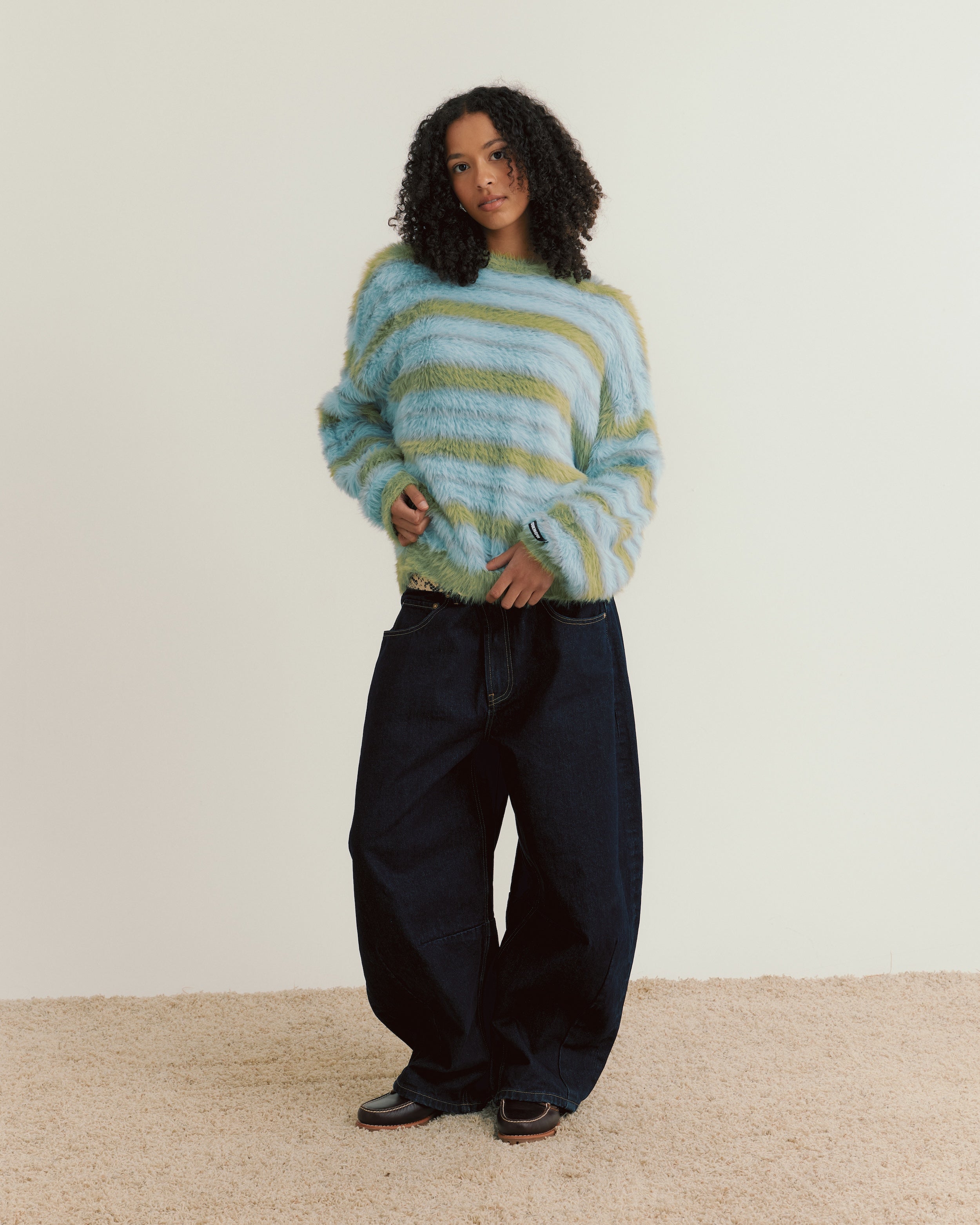Fluffy Knit Crew Sweater | Blue Stripe