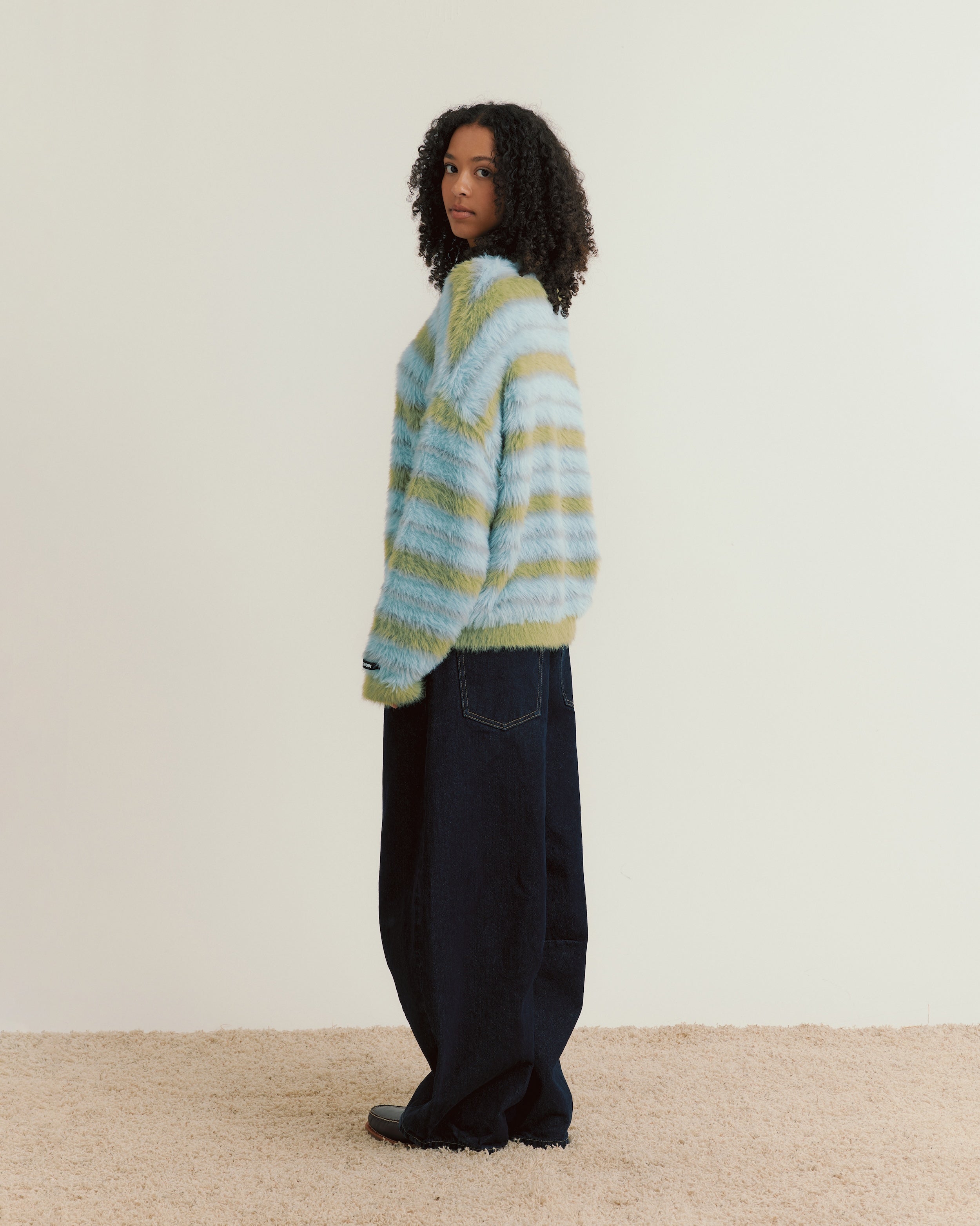 Fluffy Knit Crew Sweater | Blue Stripe