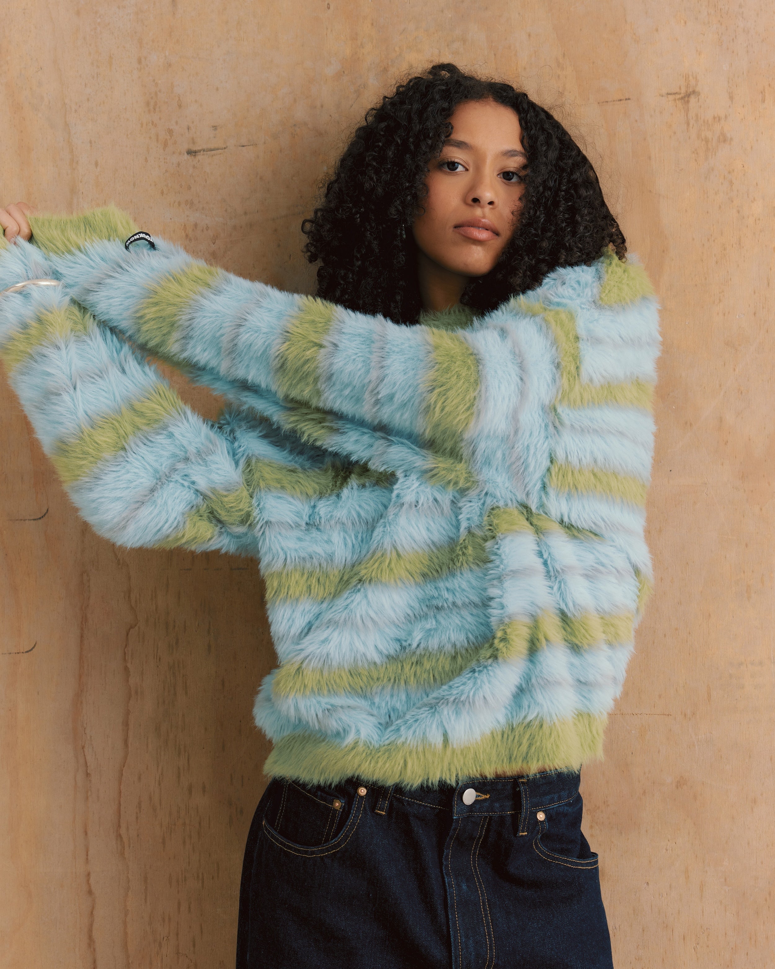 Fluffy Knit Crew Sweater | Blue Stripe