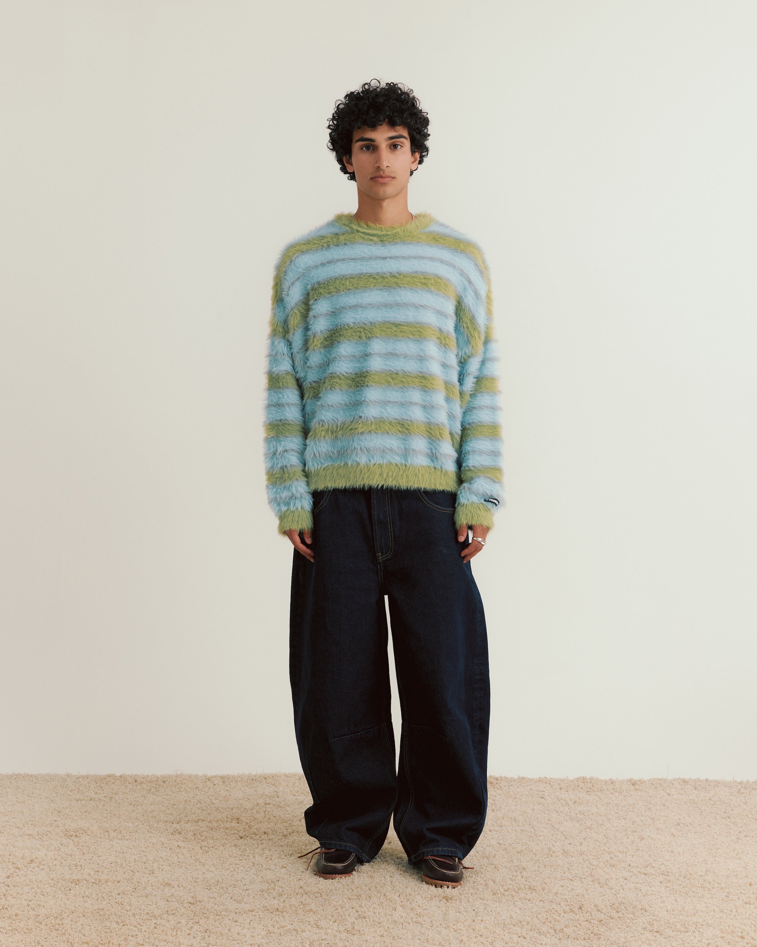 Fluffy Knit Crew Sweater | Blue Stripe