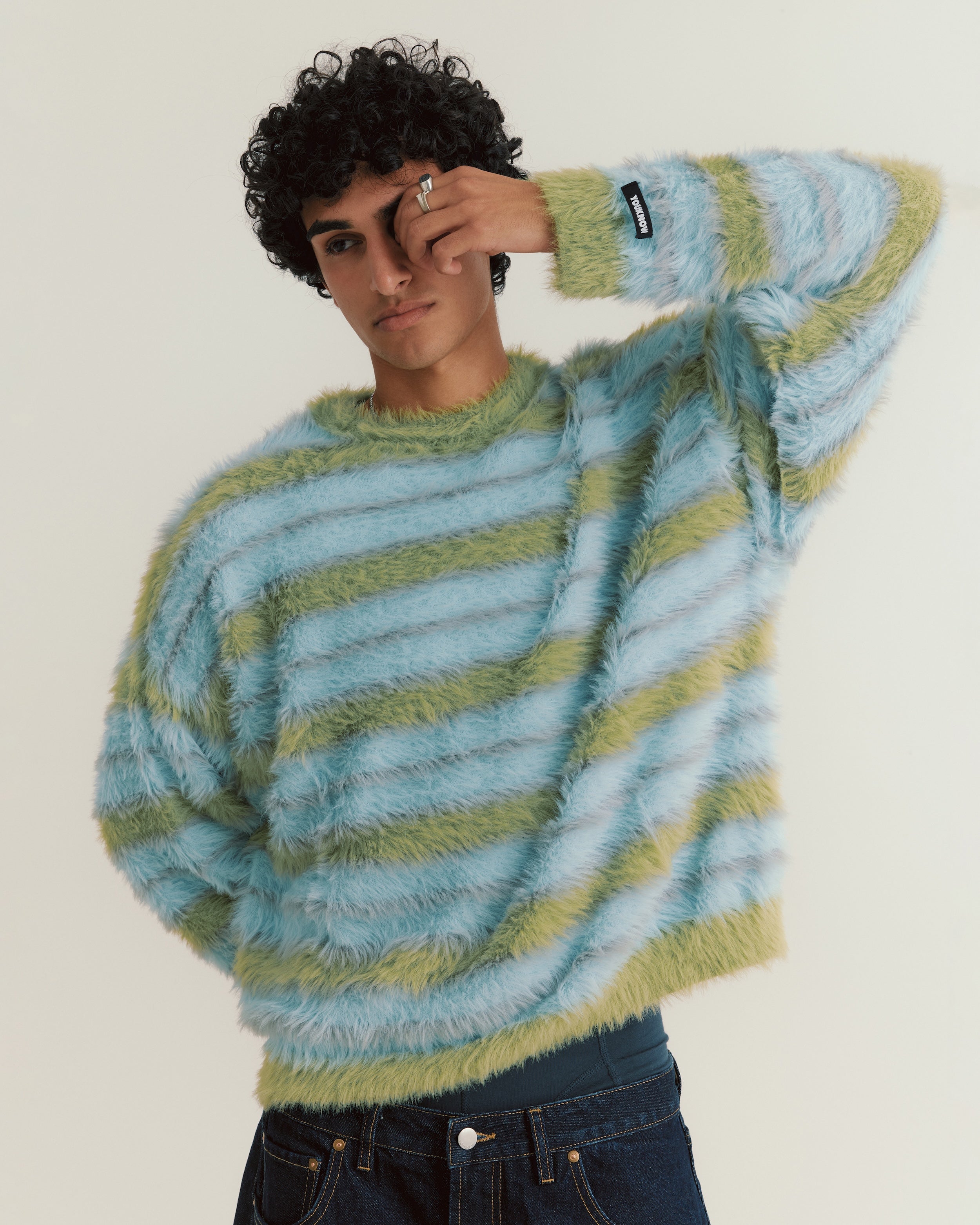 Fluffy Knit Crew Sweater | Blue Stripe