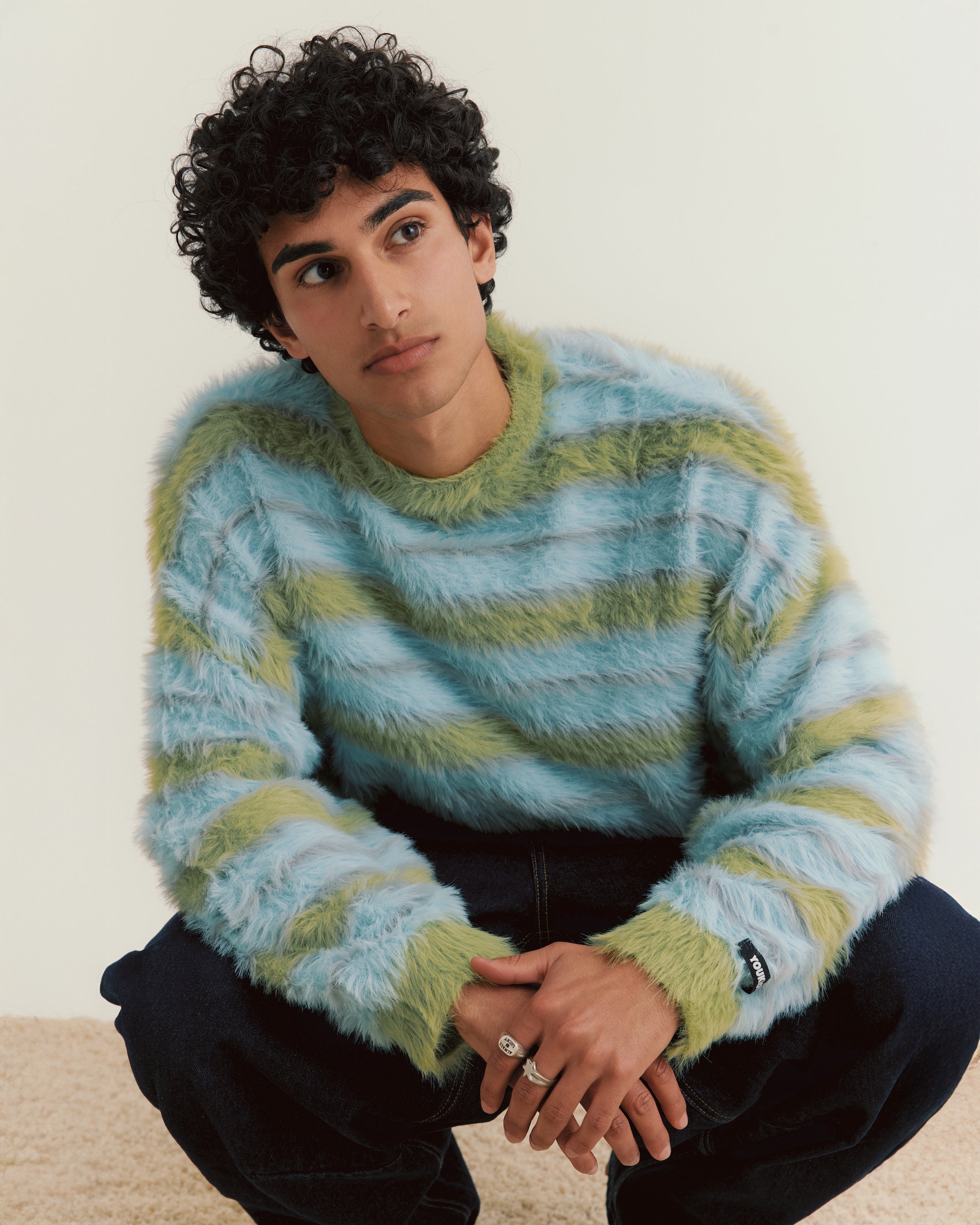 Fluffy Knit Crew Sweater | Blue Stripe