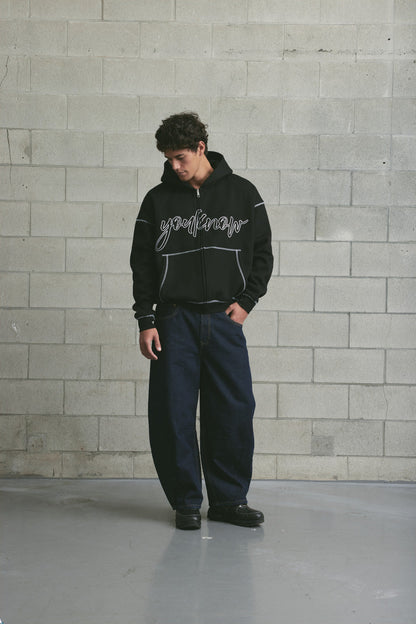 Contrast Stitch Zip Up Hoodie | Black
