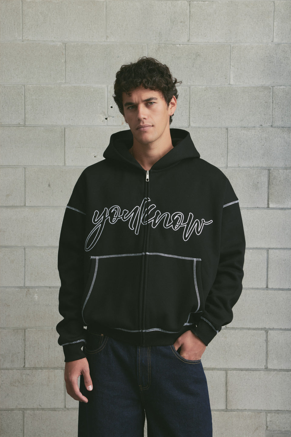 Contrast Stitch Zip Up Hoodie | Black