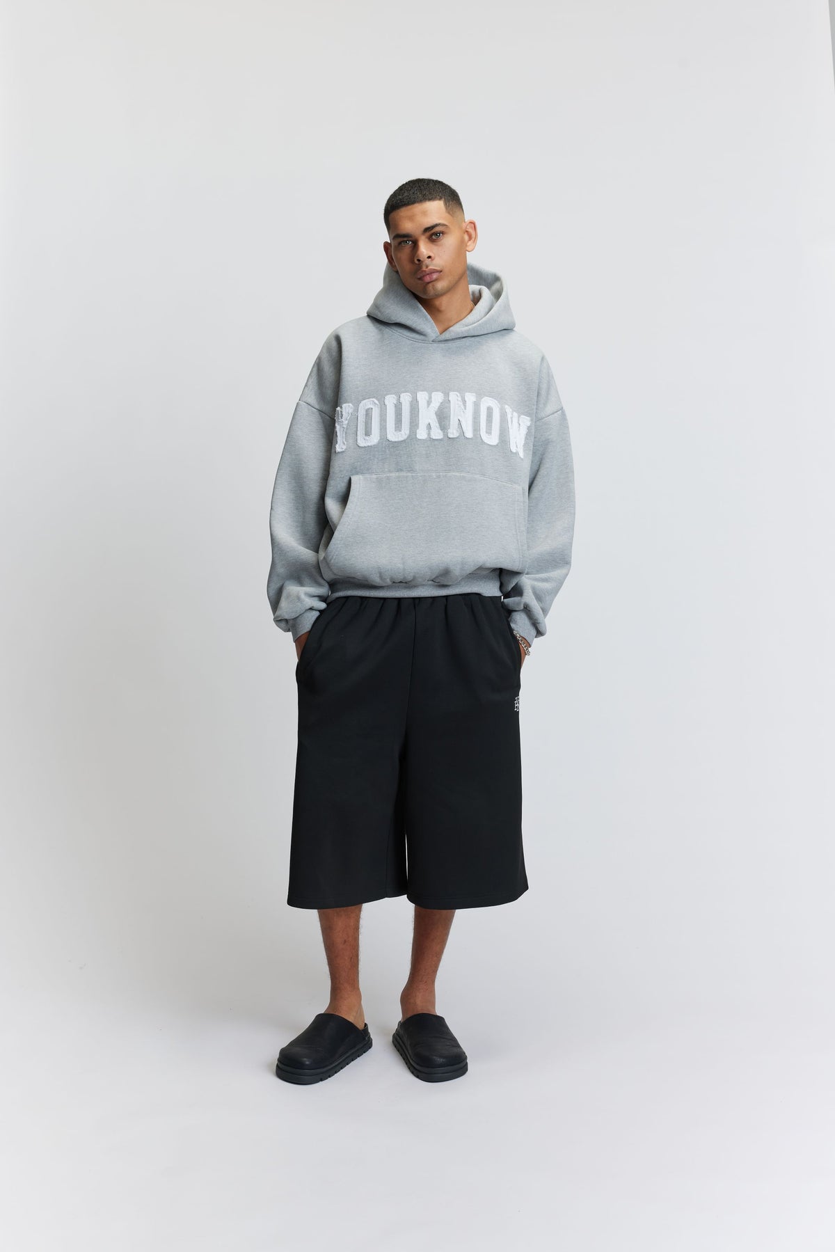 Cotton Applique Hoodie | Grey Marle