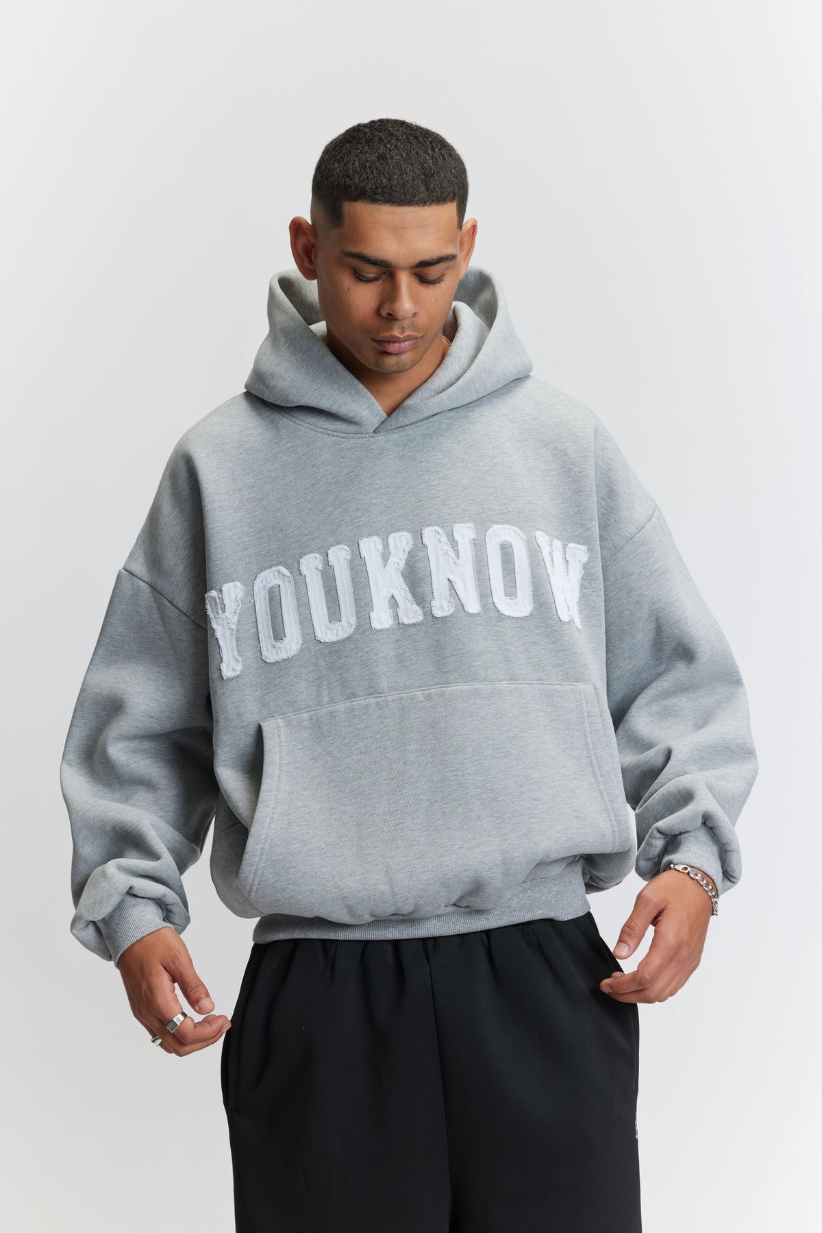 Cotton Applique Hoodie | Grey Marle