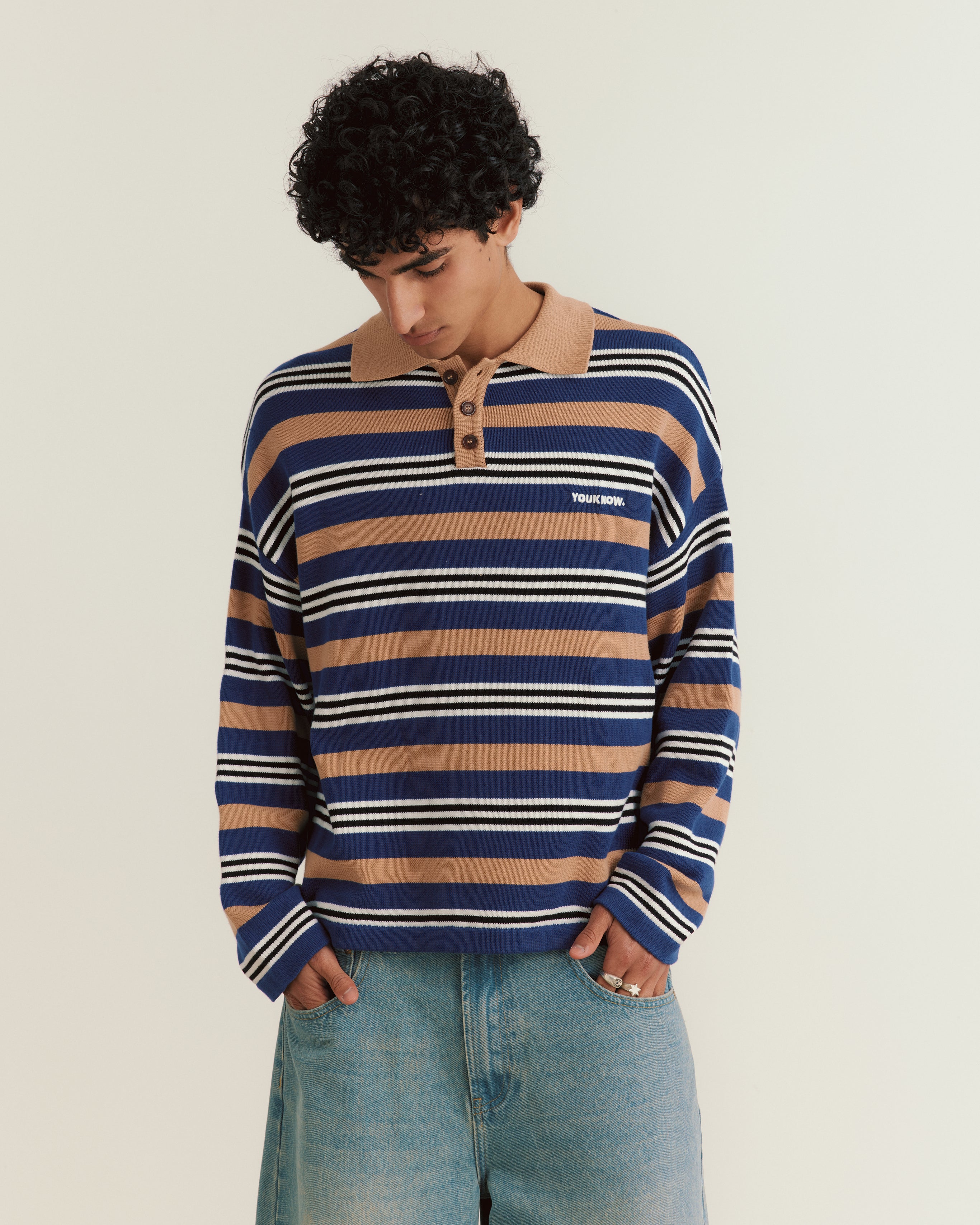Knit Polo Sweater | Beige Stripe